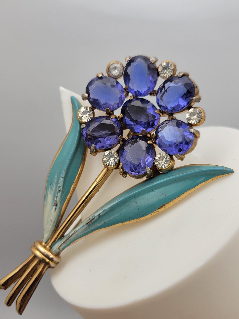 Rare Large Vintage Purple Glass Floral Brooch, Turquoise Enamel Leaves